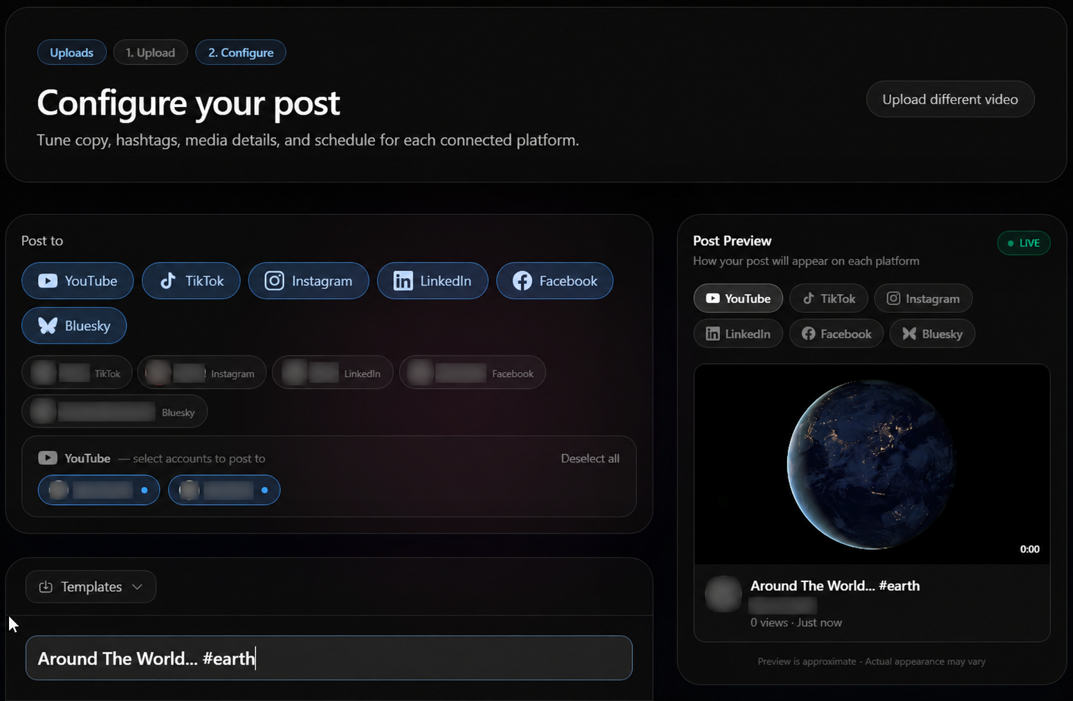 Clip Dash scheduling interface — configure platforms, accounts, and preview in one view